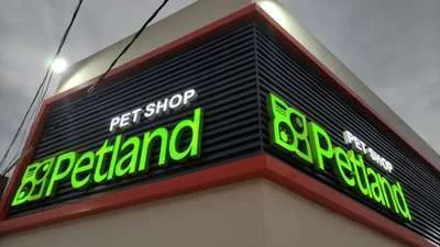 Letra caixa iluminada verde em esquina, dupla face, à noite